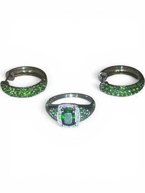 DK Sterling Silver Chrome Diopside Ring Earrings Set Vintage 925 Green Gemstone